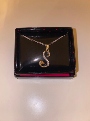 Necklace with initial pendant, silver with strass and golden heart, new