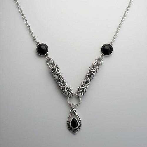 Steel Chainmail Necklace with Black Onyx Adjustable 40-50 cm