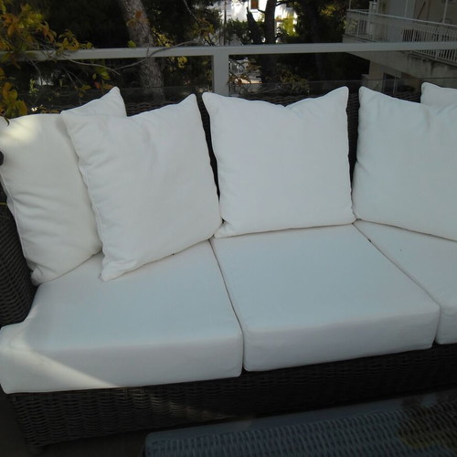 Three-seater sofa and square coffee table, like new, gray