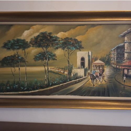 Painting panoramic landscape with horse carriage, like new