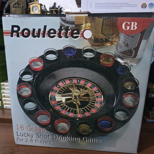 Roulette Lucky Shot Drinking Game with 16 Shot Glasses used, 2-8 players