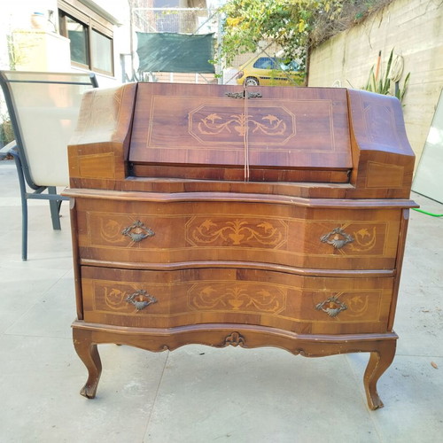 French Secretary Desk used, solid wood with marquetry and brass handles