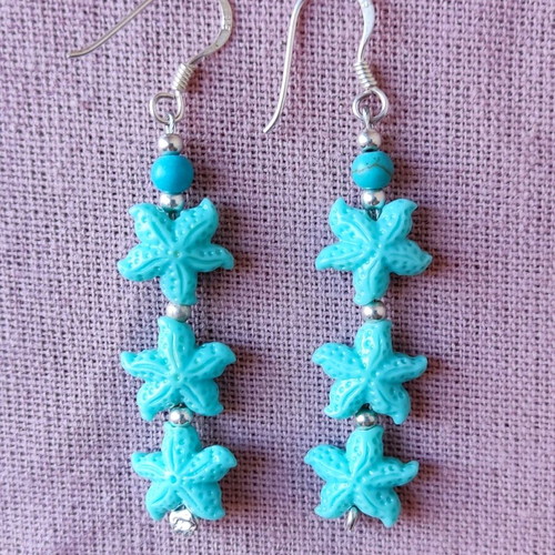 Blue earrings with starfish design and 925 silver clasp