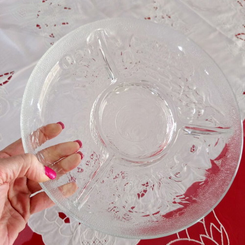 Glass serving platter with 3 compartments used, embossed design