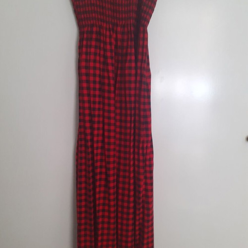 Summer long checkered dress with straps new, red-black