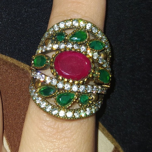 Ring decorated with rubies, emeralds and zirconia, size 7