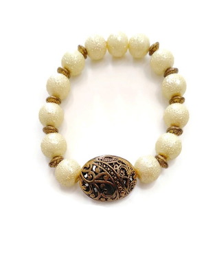 Bronze bracelet handmade with silicone elastic and ecru-yellow beads new