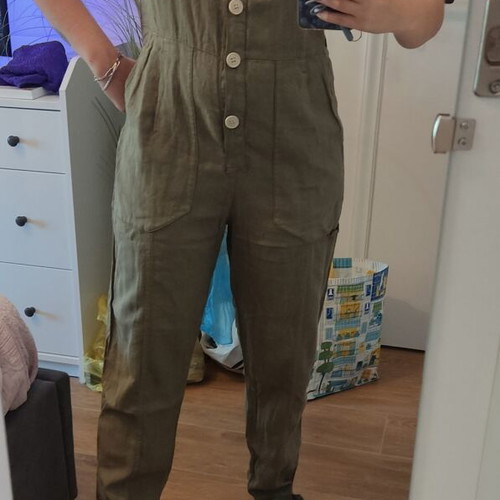 Zara linen mix khaki green sleeveless jumpsuit, Small