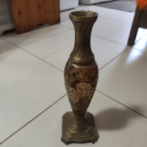 Vintage brass table vase with mosaic glass decoration