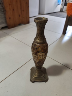 Vintage brass table vase with mosaic glass decoration