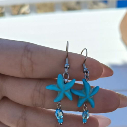 Handmade earrings from stainless steel with blue beads, summer style