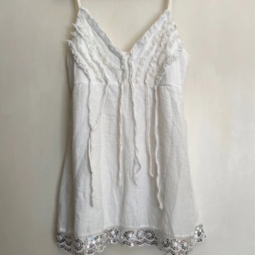 Top Rich new with sequins, fringes and adjustable straps, white and silver, size S