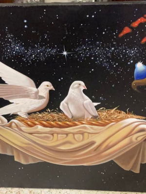 Original painting by Nikos Vlachogiannis, like new, surreal cosmic doves