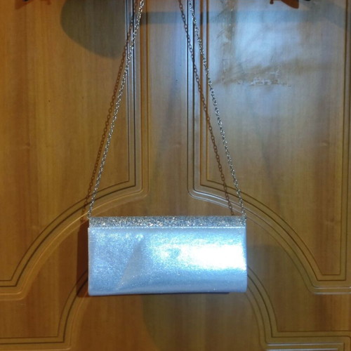 Silver evening clutch bag with glitter and chain, new