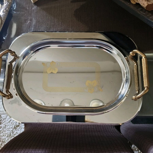 Twin Bird stainless steel tray like new, silver with gold handles