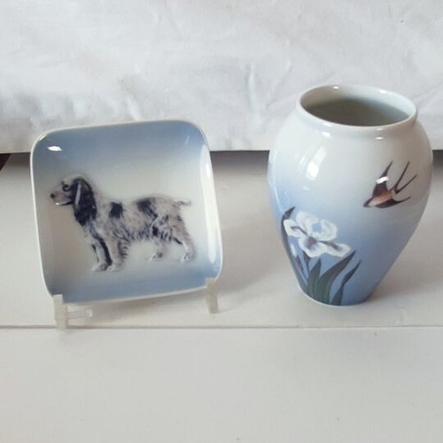 Royal Copenhagen porcelain set with swallow vase & collectible Cocker Spaniel plate