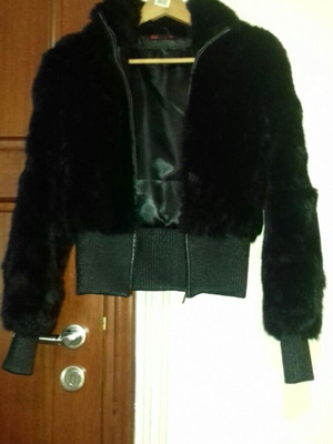 Pink Woman jacket with real rabbit fur and leather details like new