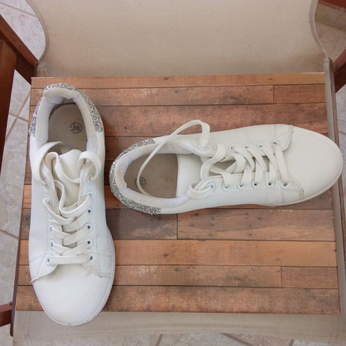 Sneakers used, white with silver rhinestones, size 36