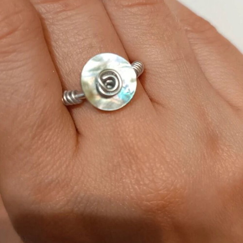 Ring with iridescent shell button adjustable, handmade silver