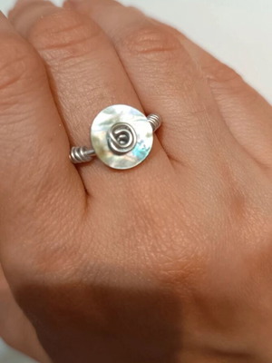 Ring with iridescent shell button adjustable, handmade silver