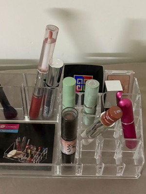 Cosmetic organizer case used, transparent acrylic