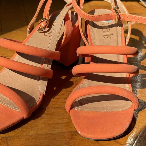 Classic orange block heel sandals used, strappy micro-strap design