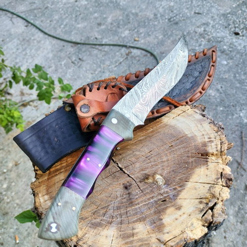Handmade kukri style hunting knife Damascus steel with leather sheath
