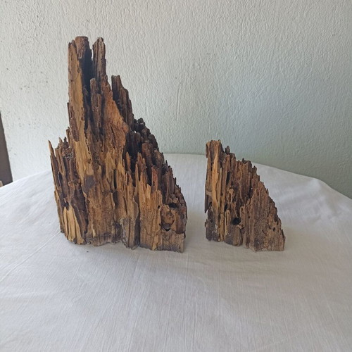 Carved wood pieces used with natural wear, set of 2