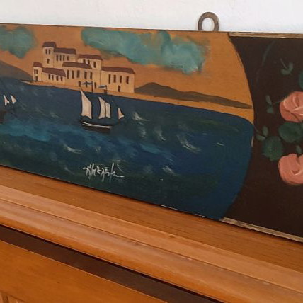 Artwork used with sea, ships and harbor image on wooden board