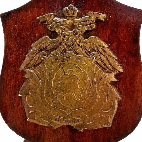 Russian Metal Crest Bo Clavy on Wooden Base Vintage Decorative