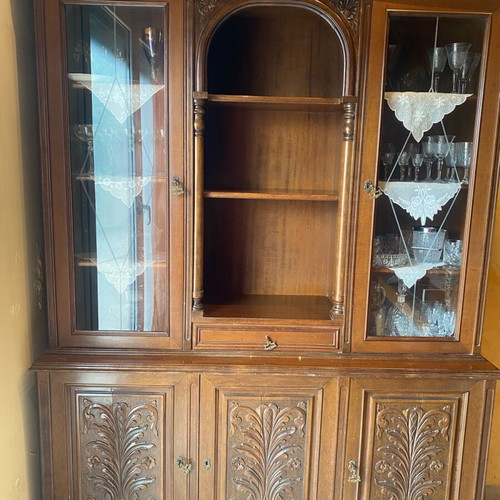 Handmade carved walnut display cabinet used, 1950s vintage