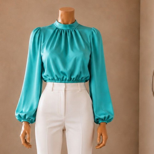 Satin blouse with gathers, mint green