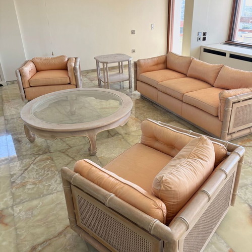 Vintage Bamboo sofa set like new, 3-seater couch with 2 armchairs and 2 tables