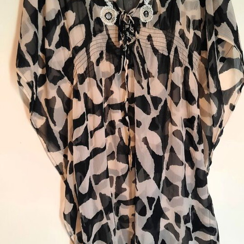 Light Animal Print Beach Kaftan with Beaded Embroidery and Corset Ties, like new