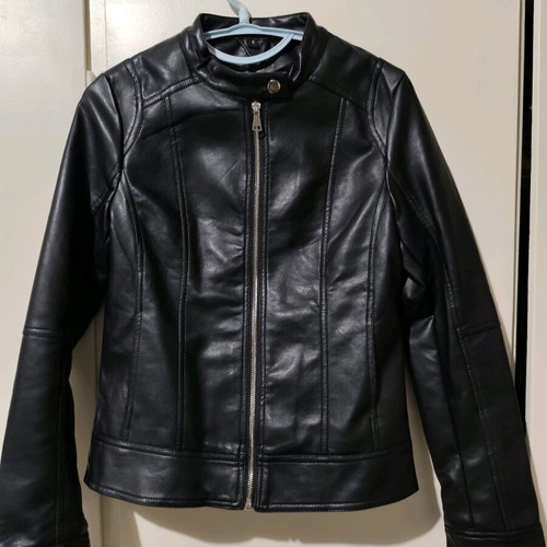 Short fitted black biker-style faux leather jacket like new