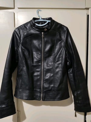 Short fitted black biker-style faux leather jacket like new