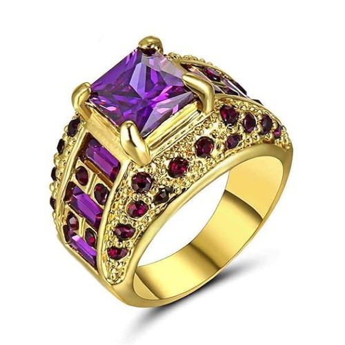 Amethyst Ring new, gold and purple with cubic zirconia