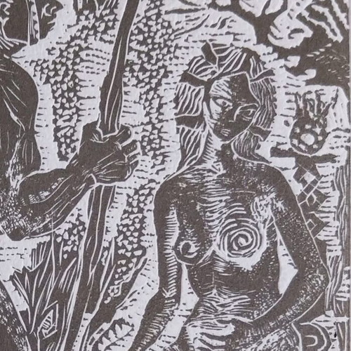 Linocut Samson and Delilah new religious artwork