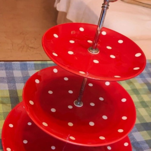 Maxwell & Williams Sprinkle Three-Tier Ceramic Serving Platter like new, red with white dots