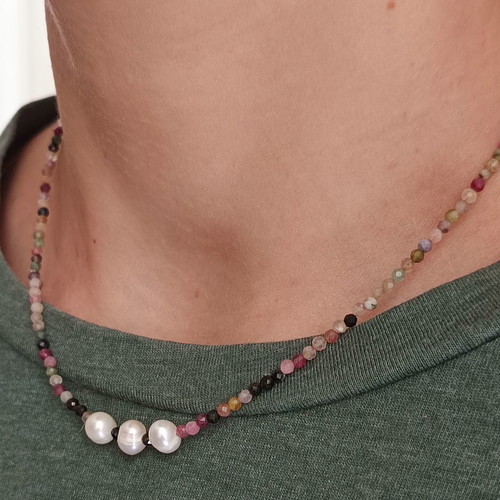 Handmade necklace with colorful tourmalines and freshwater pearls new