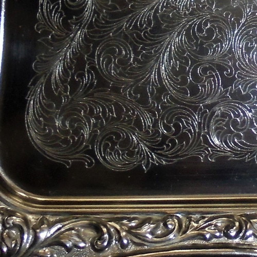 Twin Bird metal serving tray with engraved decoration