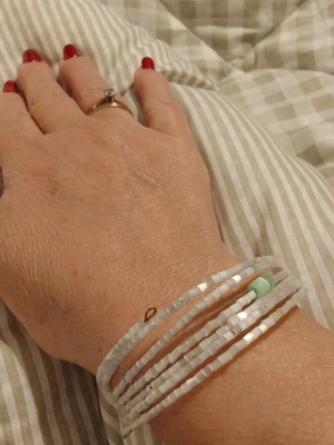 Handmade spiral bracelet new with tall white and bluish-green beads