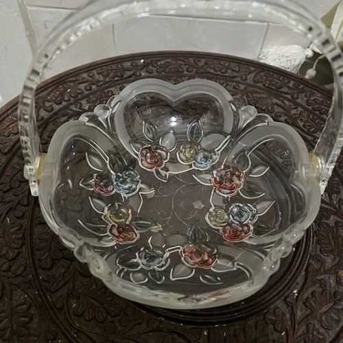 Vintage glass fondantière like new with embossed flowers and plastic handle