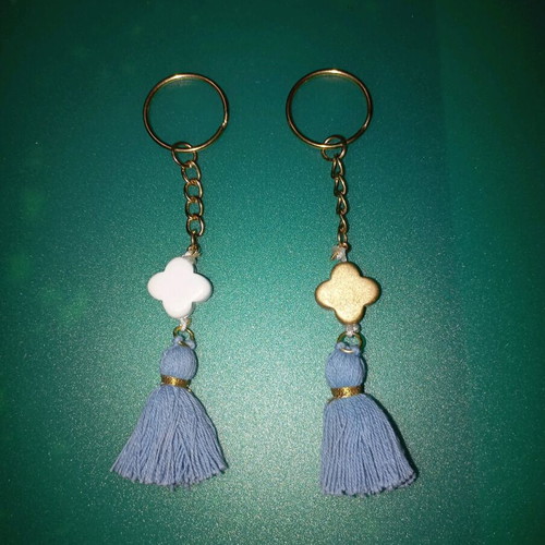 Set of 2 Keychains Light Blue Pom Pom, Wooden White and Gold Cross New, Handmade, for bag