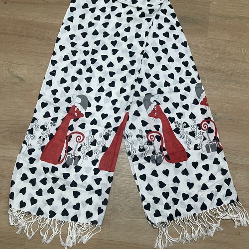 Scarf like new with cat print, white and red