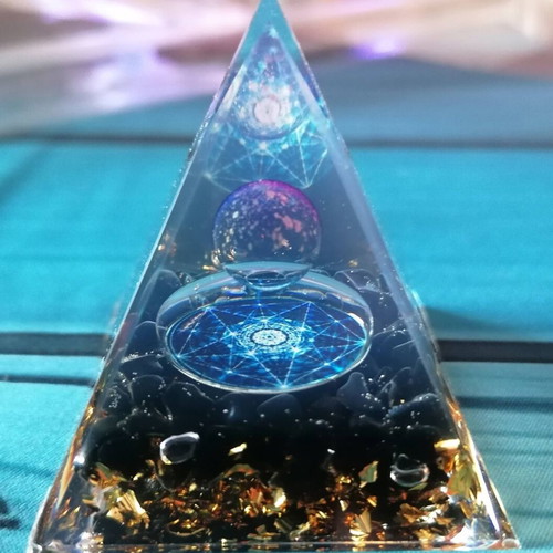 Orgonite pyramid with obsidian and gold leaves new