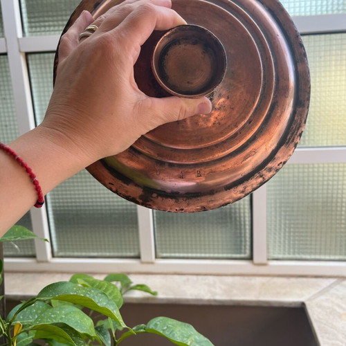 Antique copper pot with lid and monograms used, circa 1900