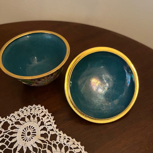 Vintage Chinese Cloisonné Bowl with Lid, enamel and brass
