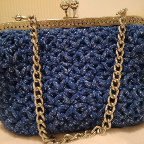 Knitted hand bag new, blue with silver chain A To Z Greek