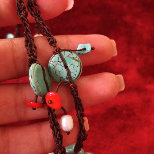 Handmade necklace with turquoise, coral and river pearls like new